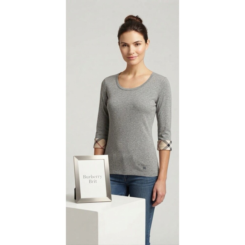 Burberry Brit Women's Gray Check Cuff 3/4 Sleeve Stretch Cotton Top SZ L